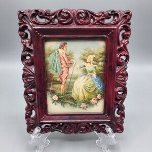 Vtg Ornate Burgundy Picture Frame Romantic Victorian Scene Artwork Beveled Glass
